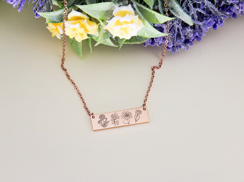 Birth Flower Necklace, Unique Birthstone Jewelry, Birth Month Necklace, New Mom Jewelry, Mother's Day Necklace, Flower Pendant Rose Gold Steel