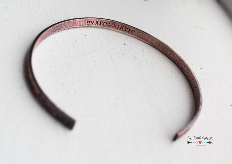 Inspirational Jewelry Thin Stacking Bracelet Unapologetic Copper Cuff Bracelet Inspirational Quote Jewelry |Valentine Secret Message