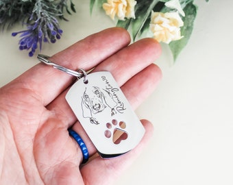 Personalized Pet Sketch Keychain, Engraved Photo, Pet Memorial Jewelry, Personalized Pet Keyring, Cat Jewelry, Pet Portrait, Paw Print