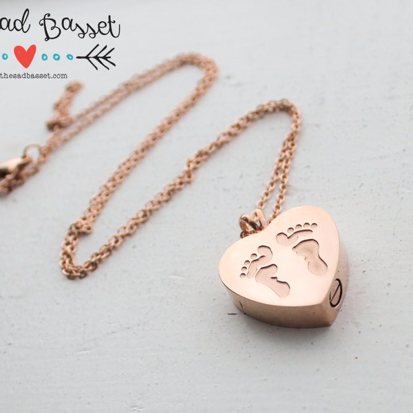 Personalized Rose Gold Cremation Urn Pendant | Memorial Jewelry | Ash Urn Necklace | Cremains Jewelry | Memorial Baby Feet Pendant | Loss