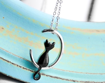 Cat Cremation Urn Necklace | Black Cat Cremation Jewelry | Cremation Urn Jewelry | Pet Memorial Necklace | Cremains | Kitty Cat on Moon