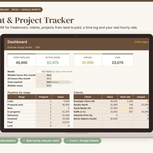 Freelance Client Tracker Spreadsheet, Simple CRM, Project Pipeline, Time Log, Real Hourly Rate, Excel Google Sheets
