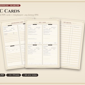 May include: A set of printable NPC cards and roster sheets on cream-colored paper with dark brown text. The documents feature fillable fields for character details, shopkeeper information, and lists, labeled with headings like NPC CARDS and NPC ROSTER.