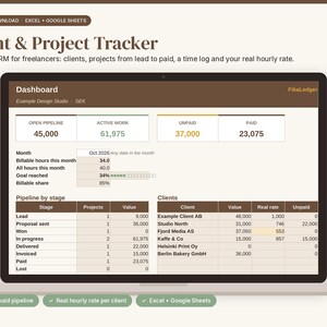 Tabellenkalkulation zur Kundenverwaltung für Freiberufler, einfaches CRM, Projektpipeline und Zeiterfassung, Excel Google Sheets