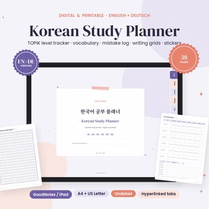 Könnte beinhalten: Ein digitaler Koreanisch-Lernplaner mit 38 Seiten, inklusive TOPIK-Level-Trackern, Vokabellisten, Fehlerprotokollen und Schreibrastern. Das Design bietet verlinkte Reiter, ist undatiert und mit GoodNotes sowie dem iPad kompatibel.