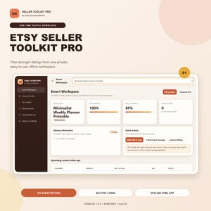 Könnte beinhalten: Eine digitale Benutzeroberfläche für das Etsy Seller Toolkit Pro mit einer dunkelbraunen Seitenleiste und einem hellen Dashboard, das Arbeitsbereichsmetriken, SEO-Fortschritt und Schnellzugriffstasten für die Verwaltung von Angeboten anzeigt.