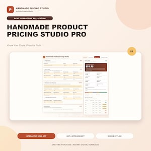 Może przedstawiać: Cyfrowy interfejs aplikacji Handmade Product Pricing Studio Pro. Ekran zawiera pola wprowadzania kosztów produktu, robocizny i opłat rynkowych oraz podsumowanie wyceny z łączną kwotą 32,75 USD.