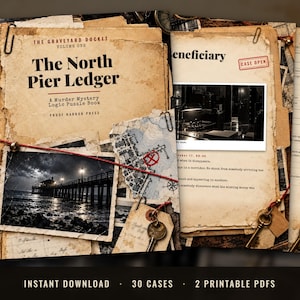 May include: A murder mystery logic puzzle book titled The North Pier Ledger, featuring aged paper textures, a photograph of a pier at night, a map with a red mark, metal paper clips, and brass keys attached with red string.