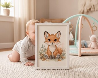 Fox Nursery Print, Watercolor Farm Animal Art, Neutral Baby Room Decor