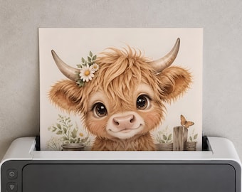Highland Cow Nursery Print, Watercolor Farm Animal Art, Neutral Baby Room Decor (Digital Download)