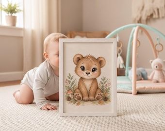 Bear Nursery Print, Watercolor Farm Animal Art, Neutral Baby Room Decor