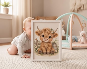 Highland Cow Nursery Print, Watercolor Farm Animal Art, Neutral Baby Room Decor