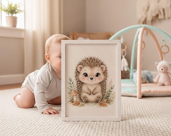 Hedgehog Nursery Print, Watercolor Farm Animal Art, Neutral Baby Room Decor