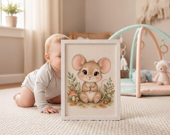 Mouse Nursery Print, Watercolor Farm Animal Art, Neutral Baby Room Decor