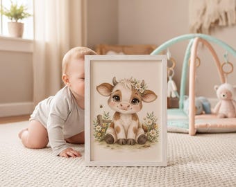 Calf Nursery Print, Watercolor Farm Animal Art, Neutral Baby Room Decor