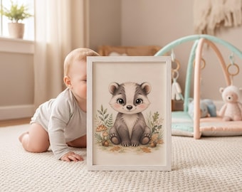 Badger Nursery Print, Watercolor Farm Animal Art, Neutral Baby Room Decor