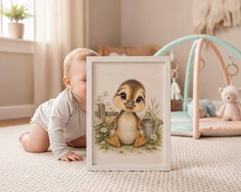 Duckling Nursery Print, Watercolor Farm Animal Art, Neutral Baby Room Decor