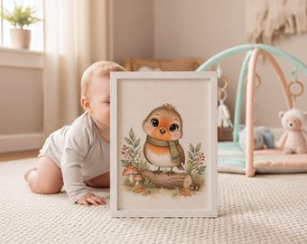 Robin Nursery Print, Watercolor Farm Animal Art, Neutral Baby Room Decor