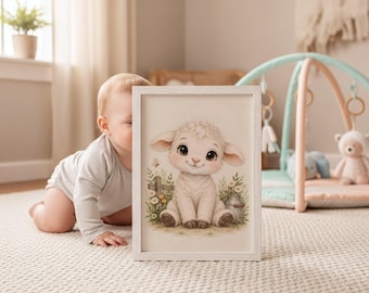Lamb Nursery Print, Watercolor Farm Animal Art, Neutral Baby Room Decor