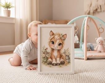 Pony Nursery Print, Watercolor Farm Animal Art, Neutral Baby Room Decor
