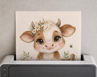 Calf Nursery Print, Watercolor Farm Animal Art, Neutral Baby Room Decor (Digital Download)