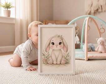 Rabbit Nursery Print, Watercolor Farm Animal Art, Neutral Baby Room Decor