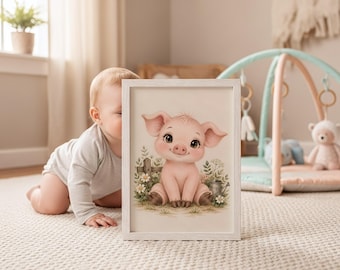 Piglet Nursery Print, Watercolor Farm Animal Art, Neutral Baby Room Decor