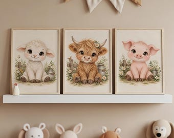 Farmyard Friends Nursery Print Set, Watercolor Animals, Neutral Decor (Digital Download)
