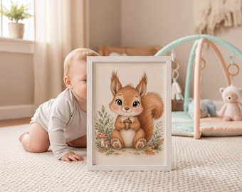 Squirrel Nursery Print, Watercolor Farm Animal Art, Neutral Baby Room Decor