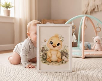 Chick Nursery Print, Watercolor Farm Animal Art, Neutral Baby Room Decor