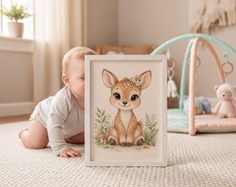 Deer Nursery Print, Watercolor Farm Animal Art, Neutral Baby Room Decor