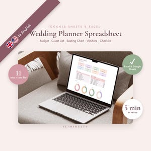 Könnte beinhalten: Eine digitale Hochzeitsplaner-Tabelle für Google Sheets und Excel auf einem Laptop-Bildschirm. Die Benutzeroberfläche enthält Abschnitte für Budget, Gästeliste, Sitzplan, Dienstleister und Checklisten mit farbigen Diagrammen.