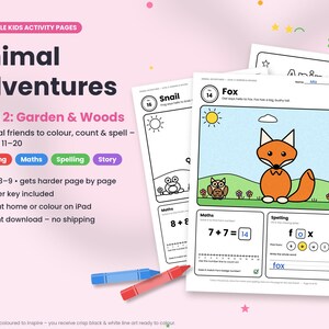 以下が含まれることがあります： 「Animal Adventures Level 2: Garden & Woods」と題された子供向け印刷可能なアクティビティページ。キツネのイラスト、算数とスペリングの練習問題、足し算の式、文字を埋める課題が含まれています。