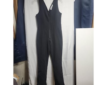 May include: A solid black sleeveless jumpsuit featuring a deep V-neckline and a full-length front zipper closure. The garment has a fitted bodice and straight-leg trousers, hanging on a clear plastic hanger against a white backdrop.