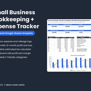 Op de afbeelding: Een digitale boekhoud- en onkosten-tracker sjabloon voor Excel en Google Sheets. Het display toont een dashboard genaamd Sunrise Design Studio met financiële tabellen en staafdiagrammen voor omzet en winst.