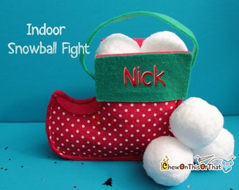 Personalized Indoor Snowball Fight with Red and Green Felt Elf Boot Pail, Soft Plush Pretend Play Toy, Family Gift, Snow Day Winter Fun Kit