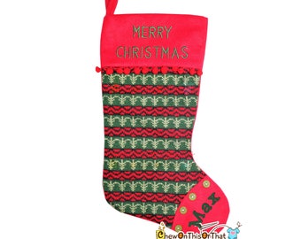 Personalized Red and Green Old Fashioned Knitted Christmas Stocking for Family, Males, Teens, Girls, Boys, Embroidery, Country Christmas