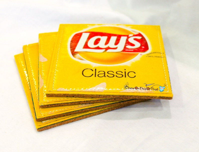 Lays Original Upcycled Potato Chip Coasters with Cork Bottom Potato Chip Crisp Wrapper Coaster image 3