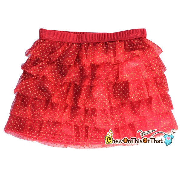 Red and Gold Ruffled Layered Christmas Tutu Skirt for Babies, Toddlers and Little Girls, Flared Ruffle with Satin Under Skirt Slip Lining