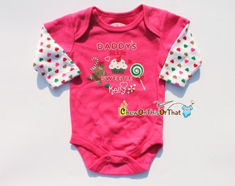 Daddy's Little Sweetie Personalized Christmas Statement Bodysuit- Baby Girl First Christmas Pink Long Sleeve Top, Shirt, Photo Prop