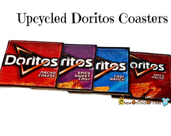 Mixed Doritos Nacho Cheese Upcycled Recycled Cork Coasters Set - Doritos Chips Crisp Wrapper Coaster Set