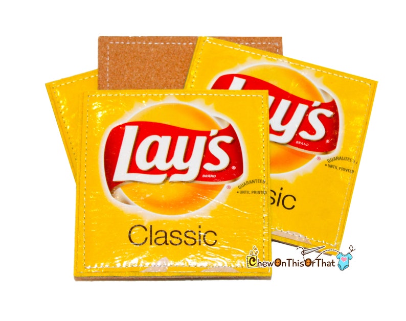 Lays Original Upcycled Potato Chip Coasters with Cork Bottom Potato Chip Crisp Wrapper Coaster image 1