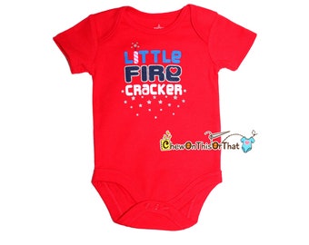 Little Fire Cracker Personalized Red Short Sleeve Baby First Independence Day Statement Bodysuit- Fourth of July Photo Prop Shirt