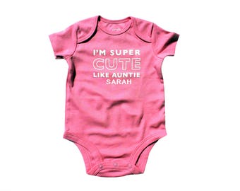 I'm Super Cute Like Auntie Personalized Pink Short Sleeve Statement Bodysuit, New Aunt, Shirt, Breast Cancer Awareness, pink ribbon