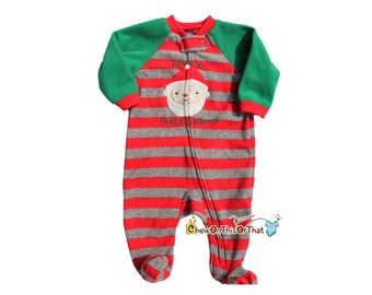 Striped Green Red & Gray Santa Pajama, Personalized Baby First Christmas Blanket Fleece Pajamas with Feet, Footie Sleeper, Matching Family