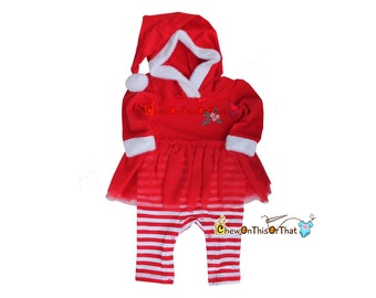 Rockettes Inspired Mrs Santa Claus Red Bodysuit Dress with Red & White Striped Leggings for Baby Girls First Christmas -Flared Ruffle Outfit