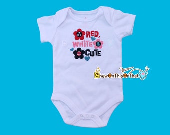 Red White and Cute Flower Short Sleeve Baby First Independence Day Statement Bodysuit - Fourth of July Photo Prop Shirt