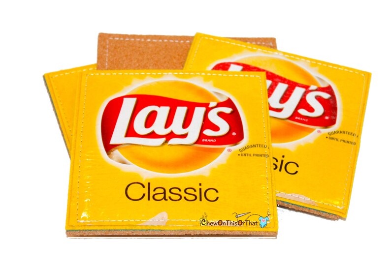 Lays Original Upcycled Potato Chip Coasters with Cork Bottom Potato Chip Crisp Wrapper Coaster image 2