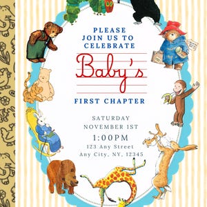Könnte beinhalten: Eine rechteckige Einladungskarte mit hellgelb gestreiftem Hintergrund und blauem Wellenrand. Sie zeigt Illustrationen von Märchenfiguren um den Text: PLEASE JOIN US TO CELEBRATE Baby's FIRST CHAPTER, SATURDAY NOVEMBER 1ST, 1:00PM, 123 Any Street, Any City, NY, 12345, RSVP BY 0/00 TEL. # HERE.