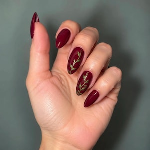Enchanted Vines, Burgundy Floral Press On Nails, Gold Vine Nail Art, Dark Red Botanical Nails, Handmade Nails